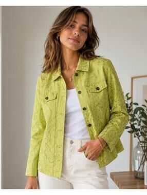 Chico's Lime Green Floral Jacquard Jacket | Grandmillennial‎ Tapestrycore Size S